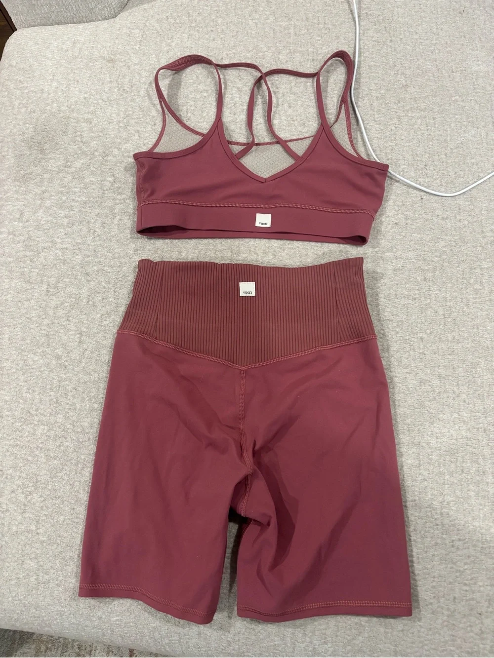 Vuori Women's Athletic Shorts and Sports Bra in Mauve